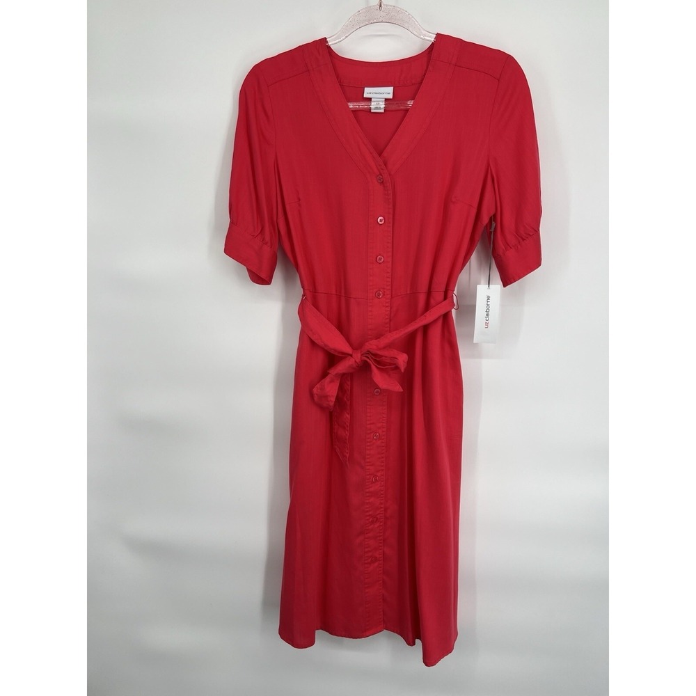Liz Claiborne Red Teaberry Button-Up Midi Dress With Belt Womens Sz 4P‎ Org $74